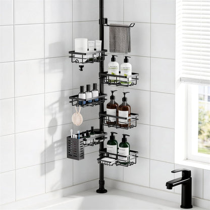 Shower Caddy Organizer - Rustproof Tension Pole with Adjustable 30-120 Inch Rack | 6-Pack Corner Shelf, Towel Bar & Soap Dish in Black