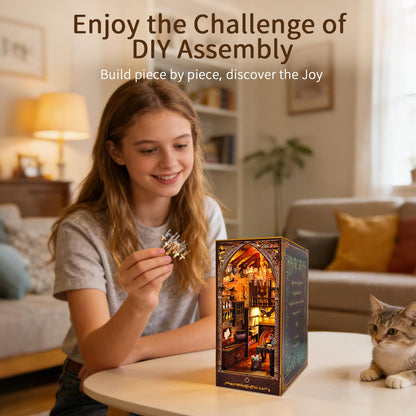 BELEEV Book Nook Kit - DIY Miniature Wooden Booknook with LED Lights, Dust Cover 3D Puzzle Bookend Bookshelf Decor Gift for Adults Teens - Magic Academy