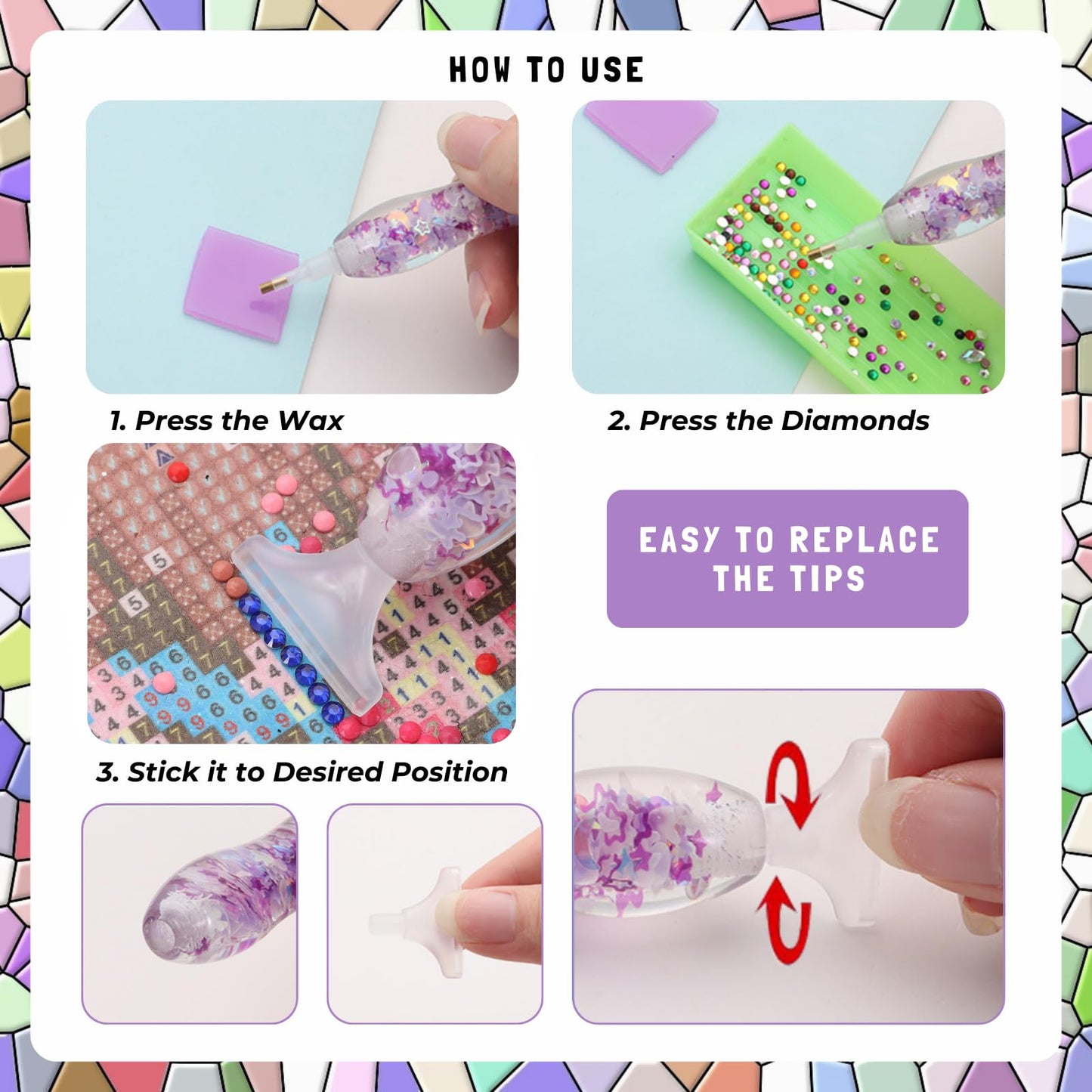 FOVIUPET 20pcs Diamond Painting Art Drill Pen Set, Resin Luminous 5D Point Drill Pen Tools with Metal/Resin Tips, Cross Stitch Diamond Rhinestone Beads Picker DIY Nail Art Embroidery Tools (Purple)