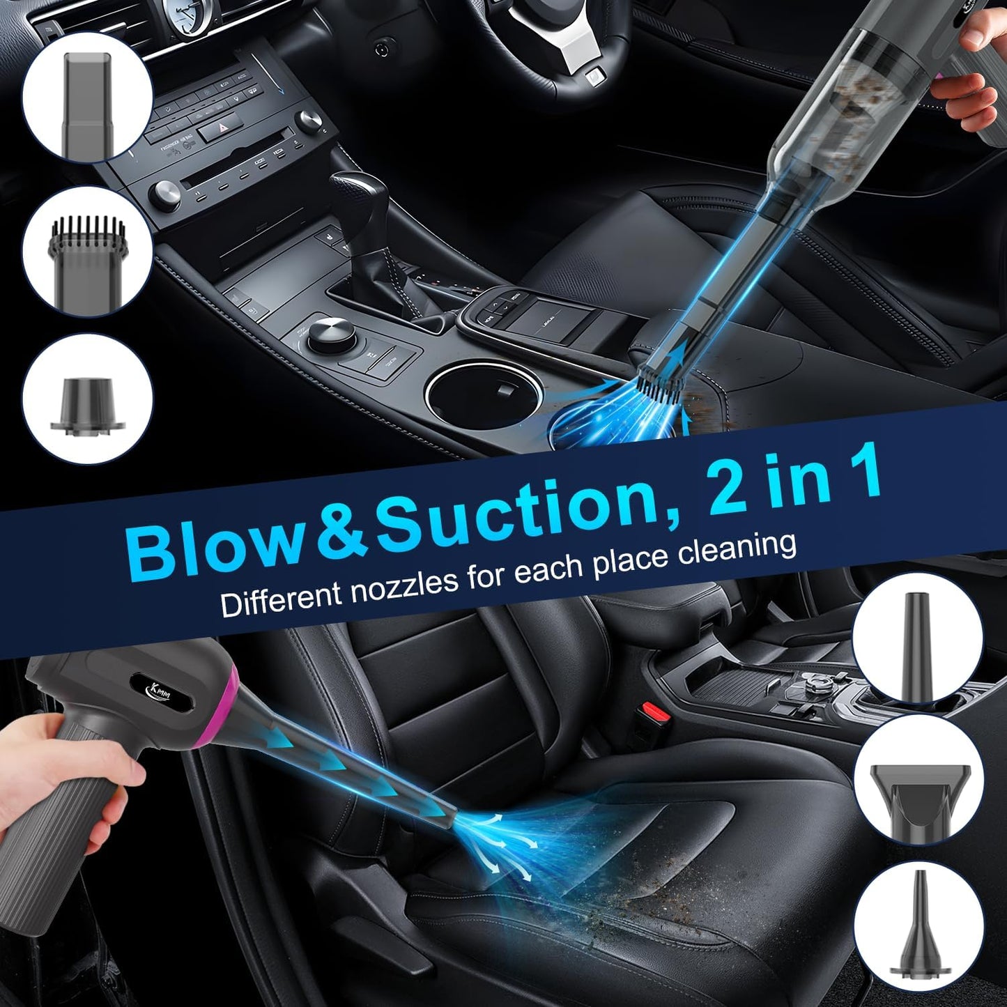 KMM Handheld Car Vacuum Cleaner, 4 in 1 16000Pa Air Duster, 3-Speed Adjustable with LED Light
