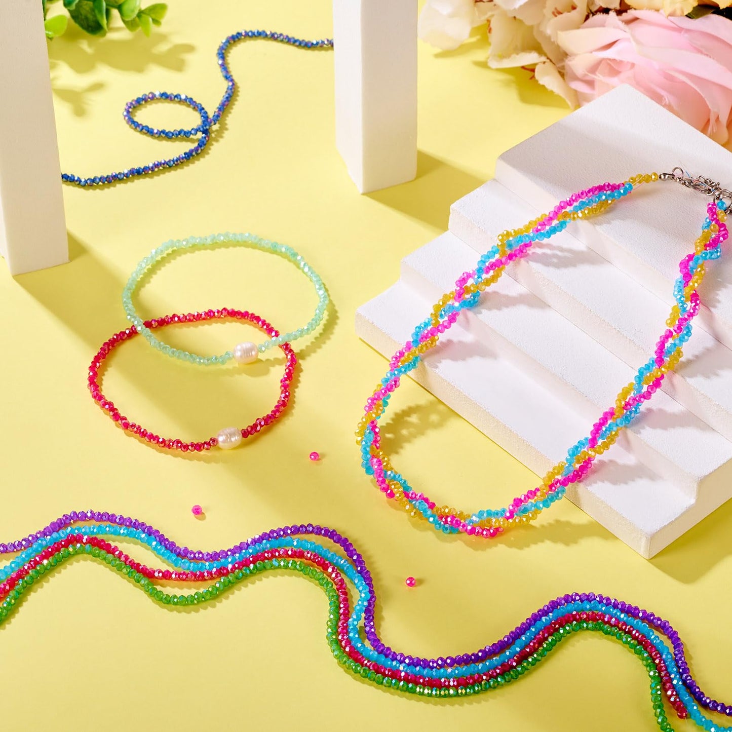 Beadthoven 2736pcs 3mm Faceted Round Glass Beads AB Color Crystal Glass Beads Strands Rainbow Briolette Rondelle Crystal Beads Spacers for Jewelry Making Bracelets Necklaces Earrings DIY Crafts
