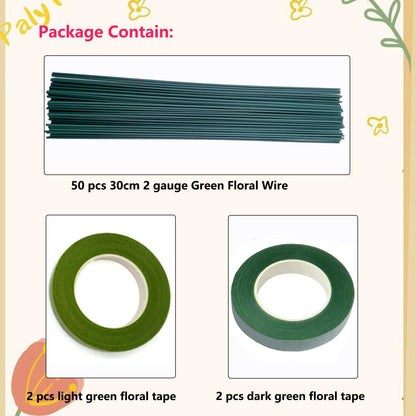 Swpohrat 50 pcs 2 Guage 11.8 Inch Floral Stem Wire and 4 Rolls 1/2 Inch Wide Green Floral Tape for Craft Pipe Cleaner Bouquet,Wedding Bouquet,Flower Pens,Arts and Crafts Making