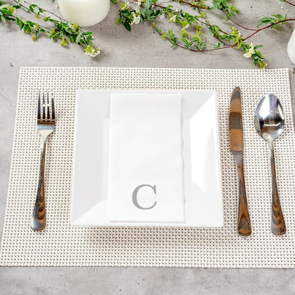 15.8 7.9 Inch 50 Luxenap X Linen-Feel Guest Towels, Lettered Hand Towels - Silver Letter 'C', Sans Serif Font, White