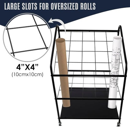 Houseables Blueprint Holder - 20 Slot Architect Storage Rack on Wheels | Durable Print Organizer