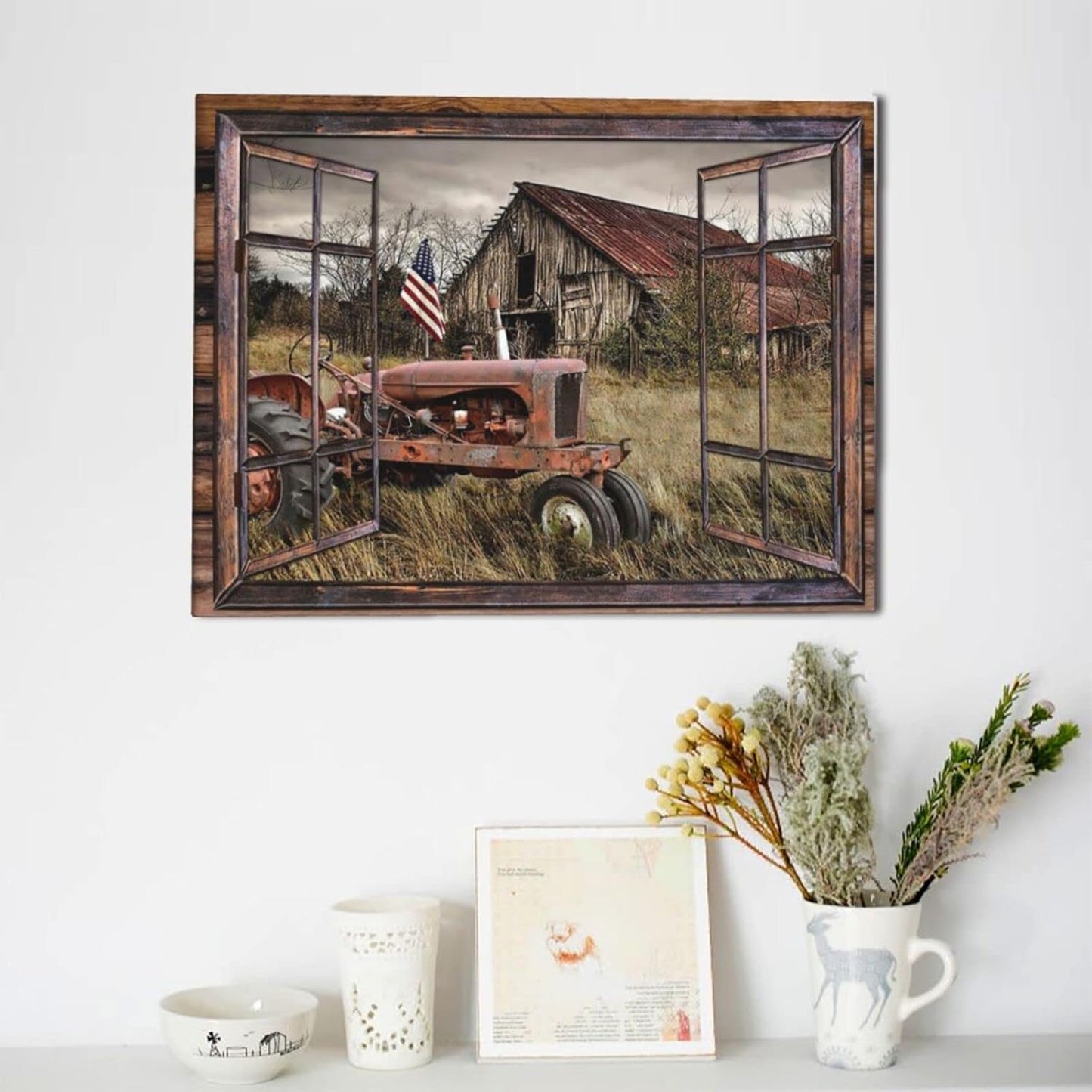 Fimtise Barn Pictures Wall Decor, Old Tractor Farmhouse Canvas Painting for Living Room Bedroom Decoration