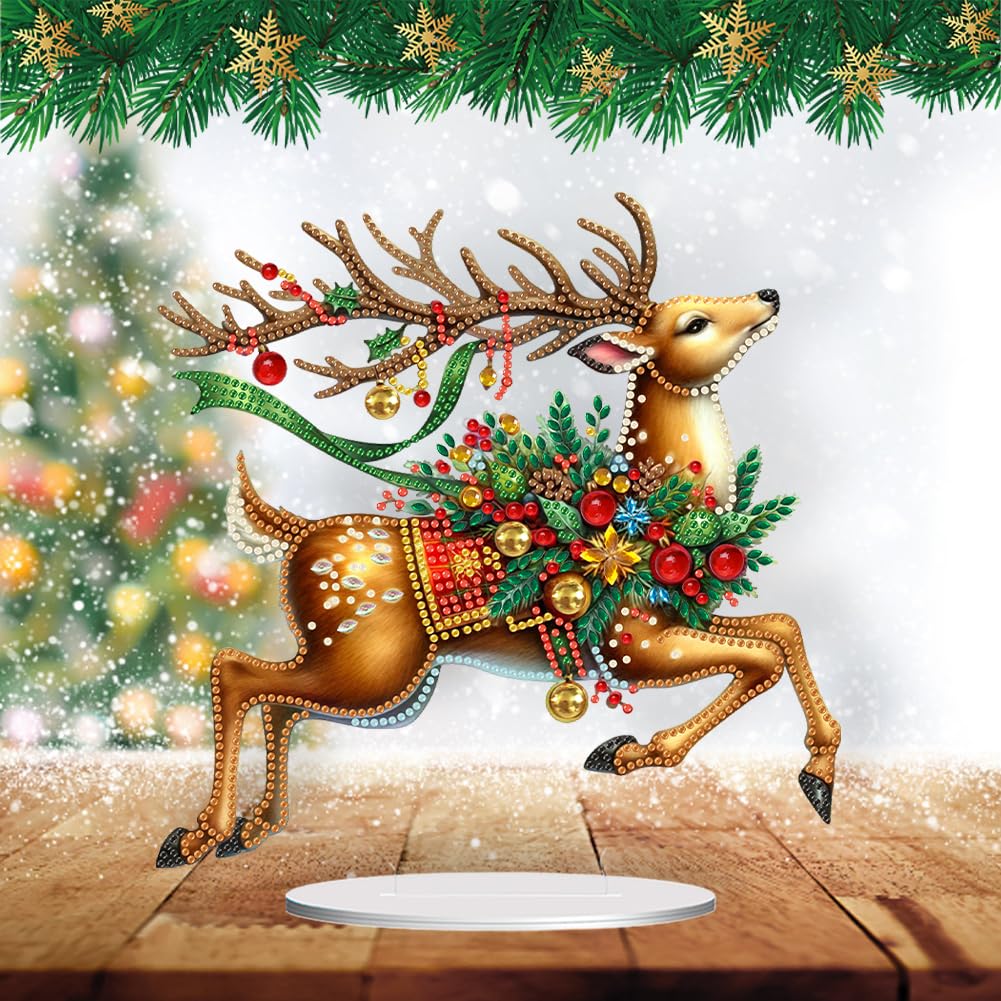 POETRYDRAW DIY Diamond Art Ornament Desktop Kit Christmas Elk, Stand Up Acrylic Diamonds Painting Ornament for Adults, 5D Special Diamond Gem Craft Tabletop Placement Board Kit