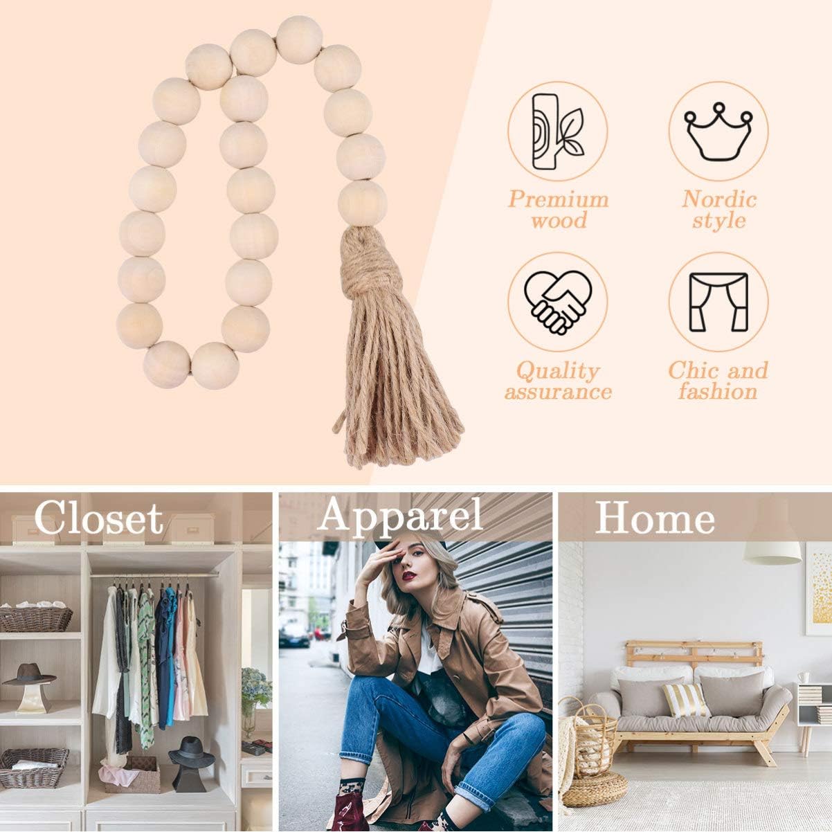 Garneck Wood Bead Garland, Rustic Country Decor Prayer Beads for Home Door Knob Christmas Decoration