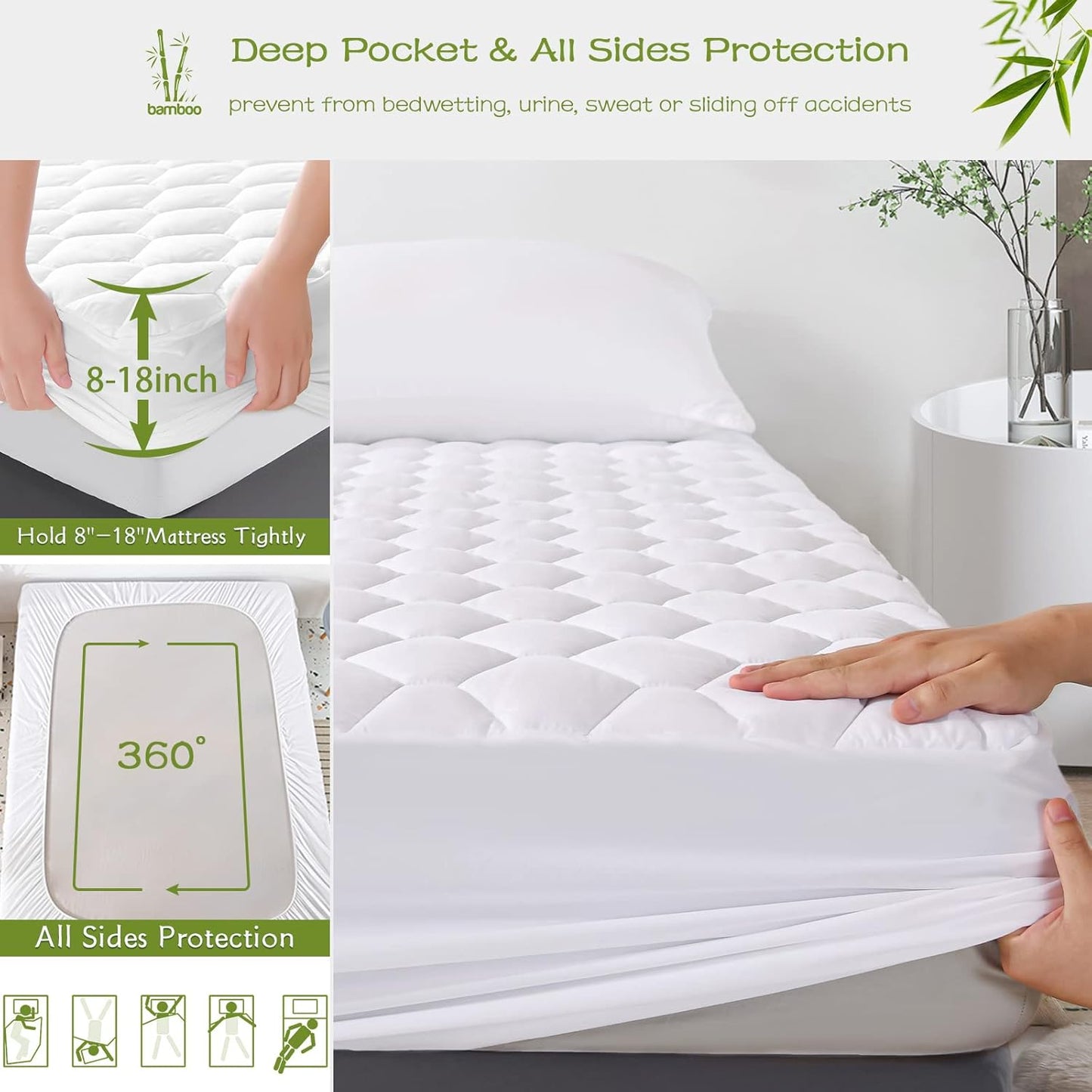 18" GRT Twin XL Mattress Protector Waterproof, Rayon from Bamboo, Cooling Quilted Fitted Mattress Pad, Noiseless