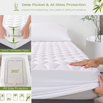 18" GRT Twin XL Mattress Protector Waterproof, Rayon from Bamboo, Cooling Quilted Fitted Mattress Pad, Noiseless