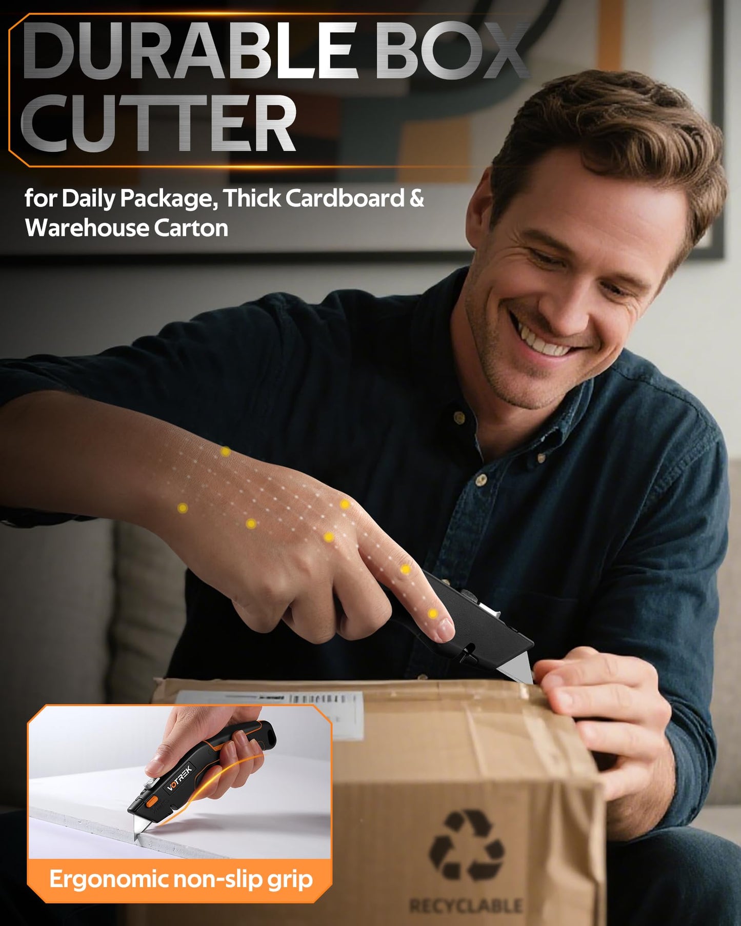 VOTREK® Box Cutter Utility Knife, [2-in-1] Retractable Box Cutter, with Blade Storage, Safety All Metal Heavy Duty Sharp Razor Knife for Home & Warehouse Cardboard, Carton, with Extra Blades