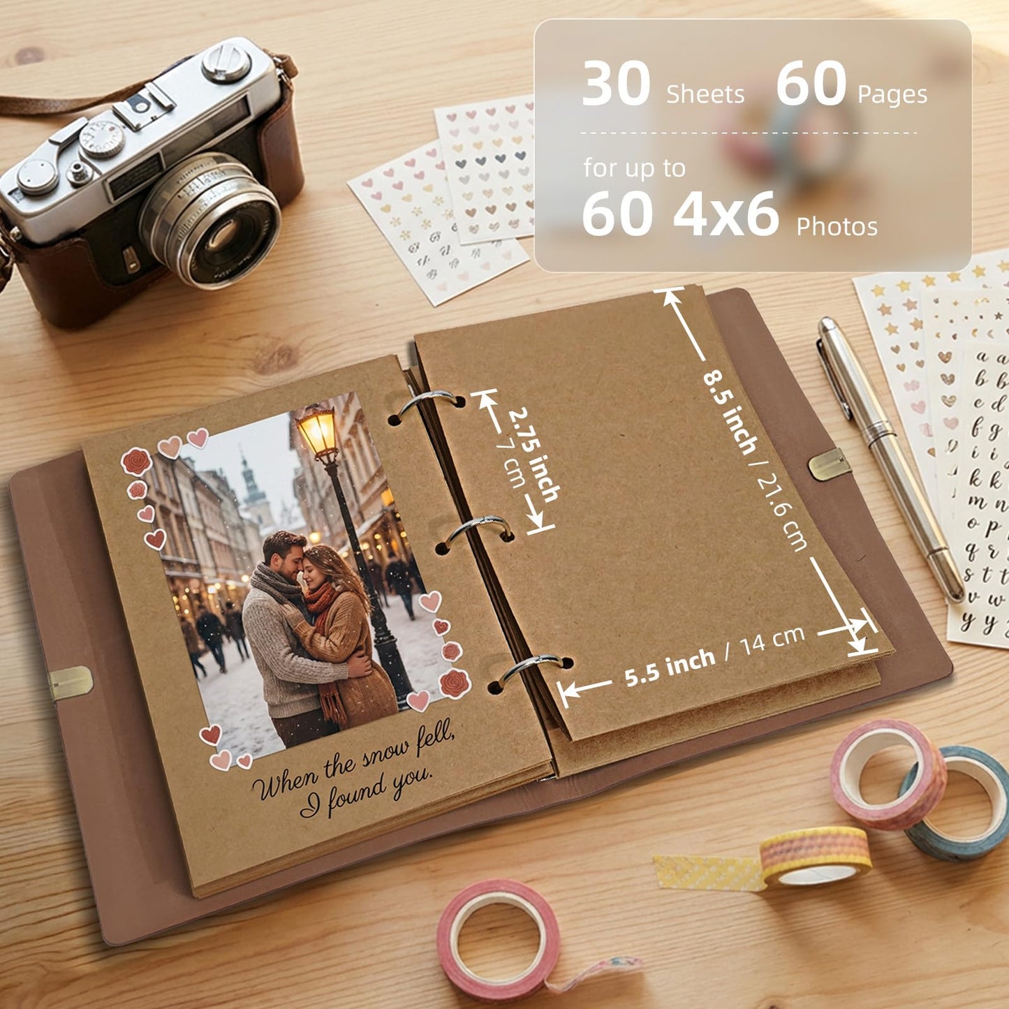 Vienrose Photo Album Scrapbook Kit, 3 Ring Faux Leather Cover DIY Memory Book Kraft Paper with 30 Sheets 60 Pages, Vintage Scrapbooking Supplies Set for Wedding, Anniversary, Valentine Gifts, Brown