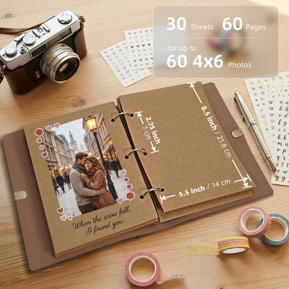 Vienrose Photo Album Scrapbook Kit, 3 Ring Faux Leather Cover DIY Memory Book Kraft Paper with 30 Sheets 60 Pages, Vintage Scrapbooking Supplies Set for Wedding, Anniversary, Valentine Gifts, Brown