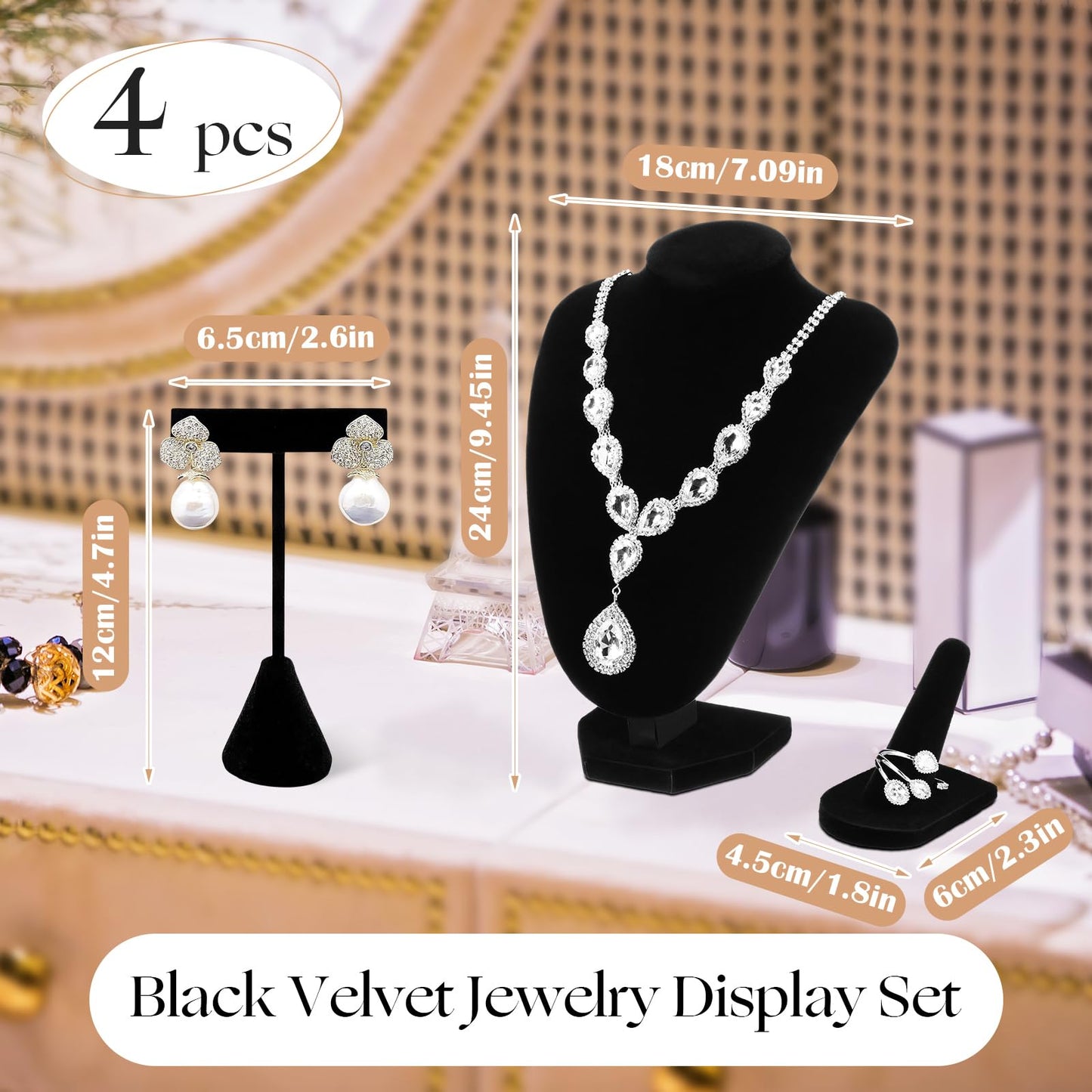 Wenqik 3 Pcs Velvet Jewelry Display Set Velvet Necklace Bust Holder T Shape Earring Stand Ring Finger Jewelry Holder, Black