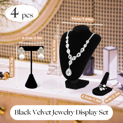 Wenqik 3 Pcs Velvet Jewelry Display Set Velvet Necklace Bust Holder T Shape Earring Stand Ring Finger Jewelry Holder, Black