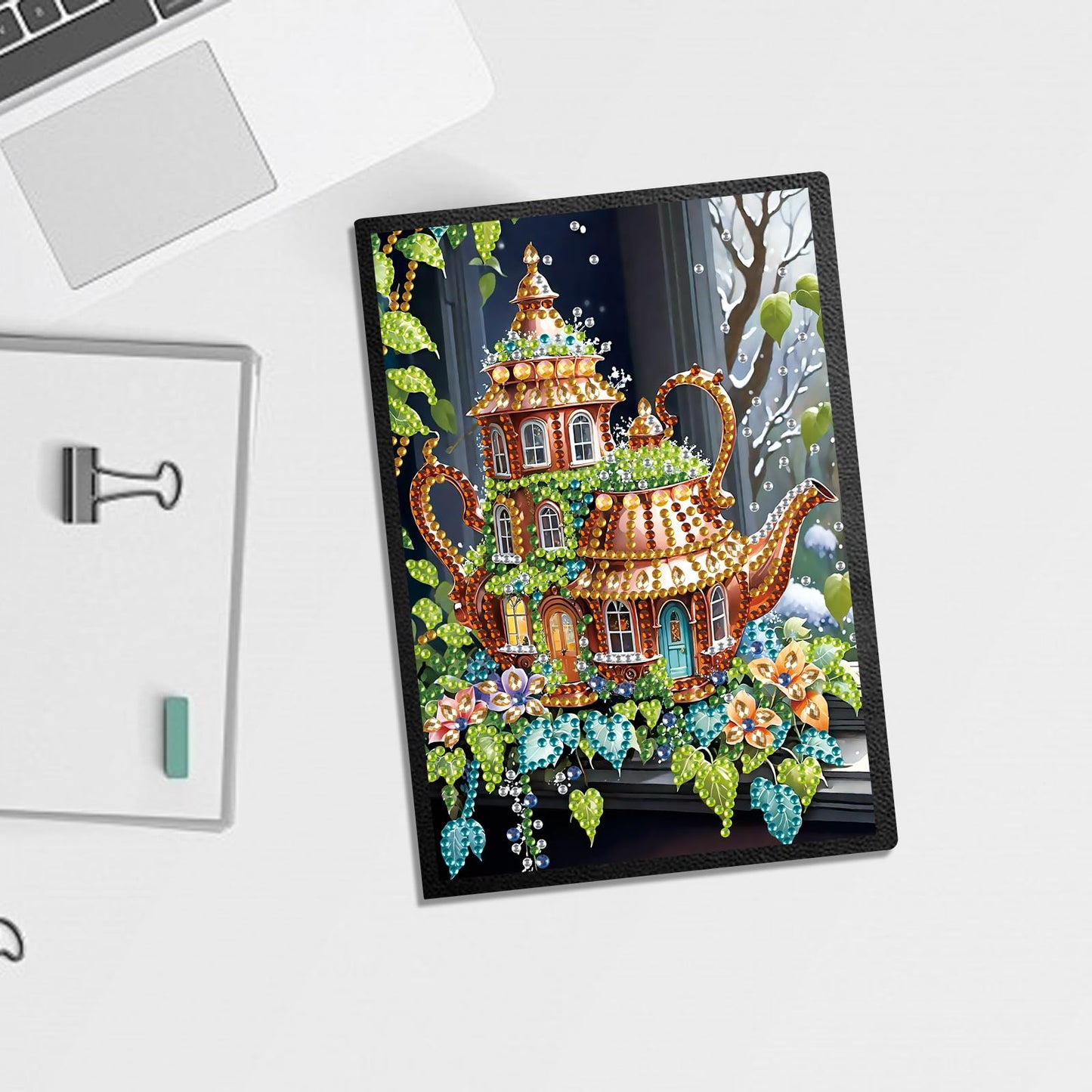 JISHSHAY Diamond Art Notebook Journal Diamond Painting Note Book Gem Art Sketchbook Gem Painting Blank Notebook Mosaic Kits for Adults Diary with Special Shape Drills 14.5×21cm/5.7×8.26in Teapot House