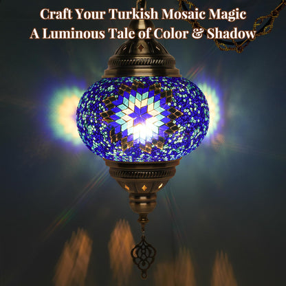 BOHMR DIY Turkish Mosaic Lamp Kit, 7.2"D Plug-in Stained Glass Pendant Hanging Lamp Making Kit with 15ft Cord-No Skills Needed,Mosaic Art & Craft Project Kits for Adults&Teens, Make Your Own Lamp,Blue