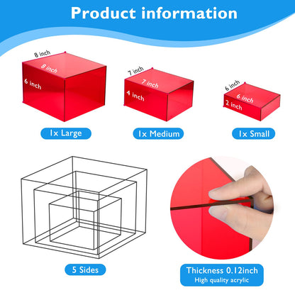 Bouiexye 3Pcs Red Buffet Risers Acrylic Boxes Display Food Risers for Buffet Table Platter Parties Weddings Catering Dessert Collectibles Figures Show (6''x7''x8'')