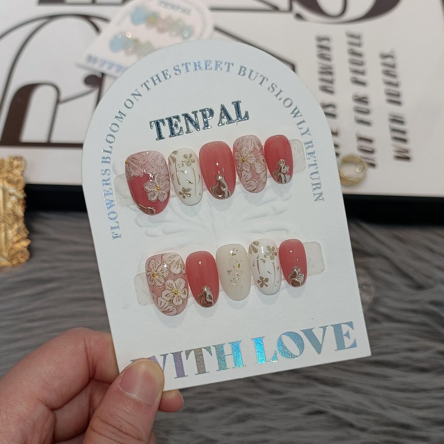 TENPAL Short Oval Press on Nails,Peach Yogurt Base Glue on Nails,Hand-Painted Cloisonné Florals False Nails Press ons,Artisan Chinese Style Fake Nails Kit,Enamel Wire Inlay Nail Art Tools 10pcs(L)
