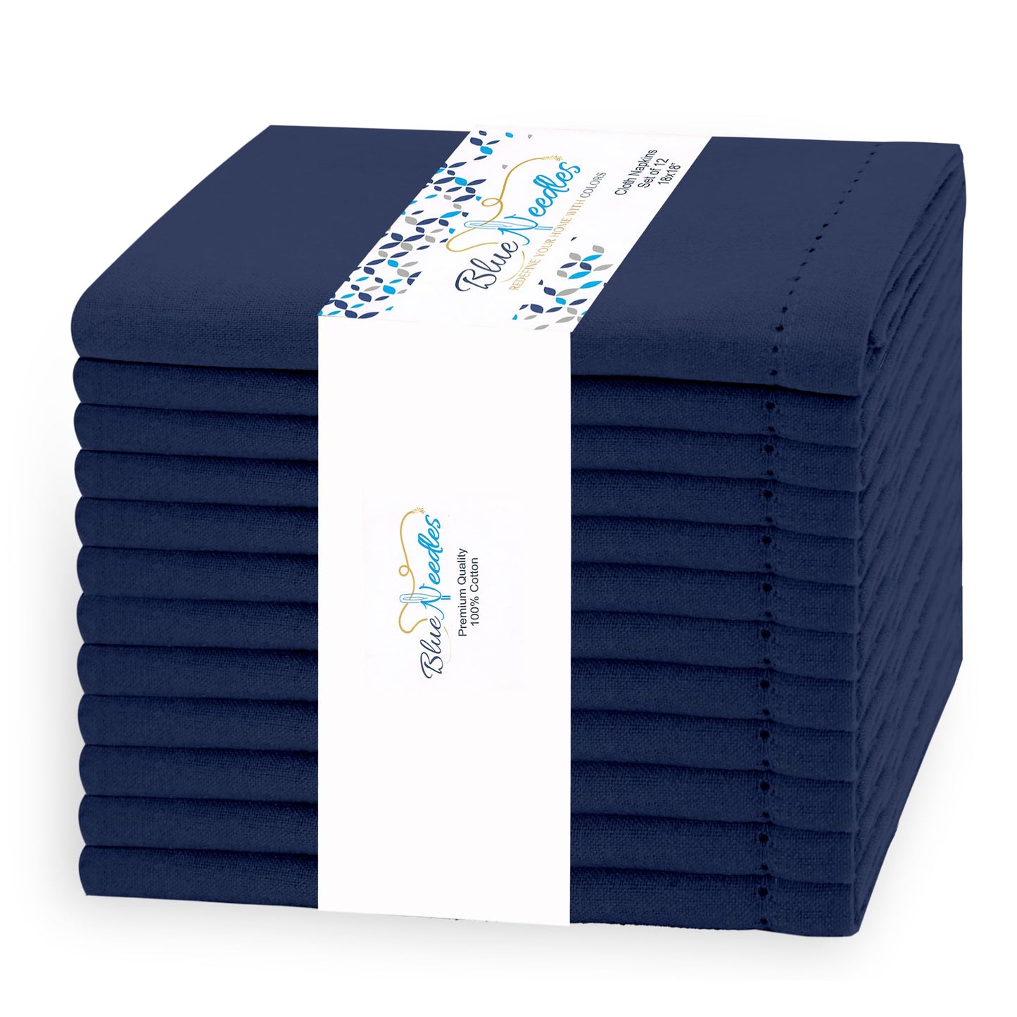 Blue Needles Navy Blue Hemstitch Linen Napkins Set of 12-100% Cotton Cloth Dinner Napkins 18x18 inches, Soft, Reusable, Absorbent, Washable Ideal for Spring Summer Easter Parties & Everyday Use