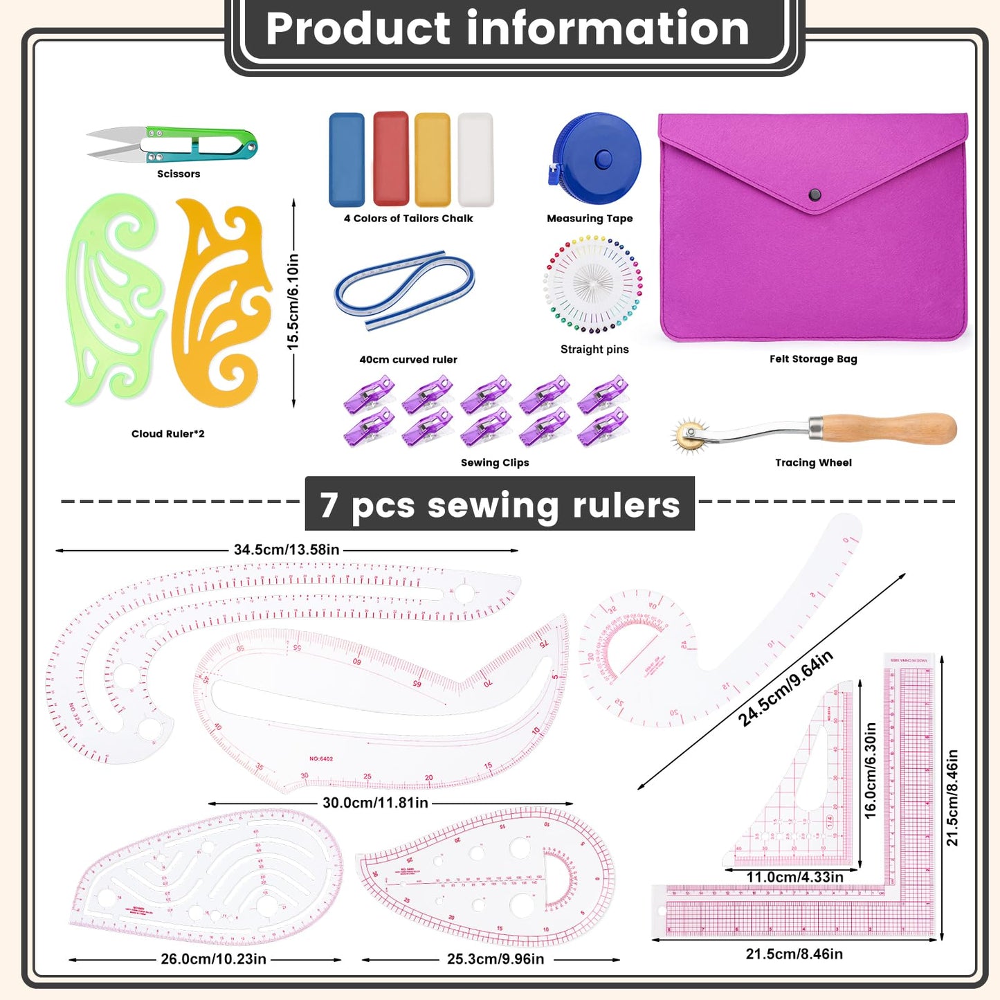 65 PCS Sewing Rulers, French Curve Ruler for Pattern Making Set, Sewing Curve Ruler Kit with Felt Bag,Sewing Clips,Tracing Wheel,Curved Ruler and Colorful Straight Pins for Sewing