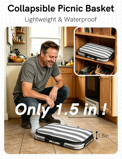 KEFOMOL Insulated Picnic Basket,Leak-Proof Collapsible Cooler Bag,26L Grocery Basket with Lid,2 Sturdy Handles,Storage Basket for Picnic,Food Delivery,Take Outs,Market Shopping,Travel (Gray)