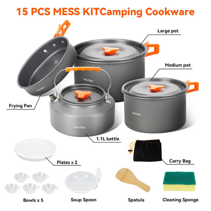 ONLYFIRE OUTDOOR LIVING14pcs Camping Cookware Set, Lightweight Nonstick Pots, Pan, Kettle, Utensils, Bowls, and Cleaning Tool with Mesh Bag for Camping Hiking Backpacking RV Tailgating Cooking, CT604