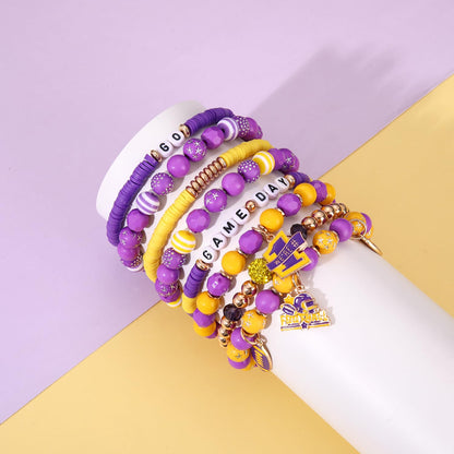 HSWE Game Day Beads for Bracelets Making Kit Heishi Clay Pearl Letter Assorted Round Bead Gold Spacer Beads Football Charms for DIY Bracelets Necklace Jewelry Making (Purple Yellow Game Day Kit)