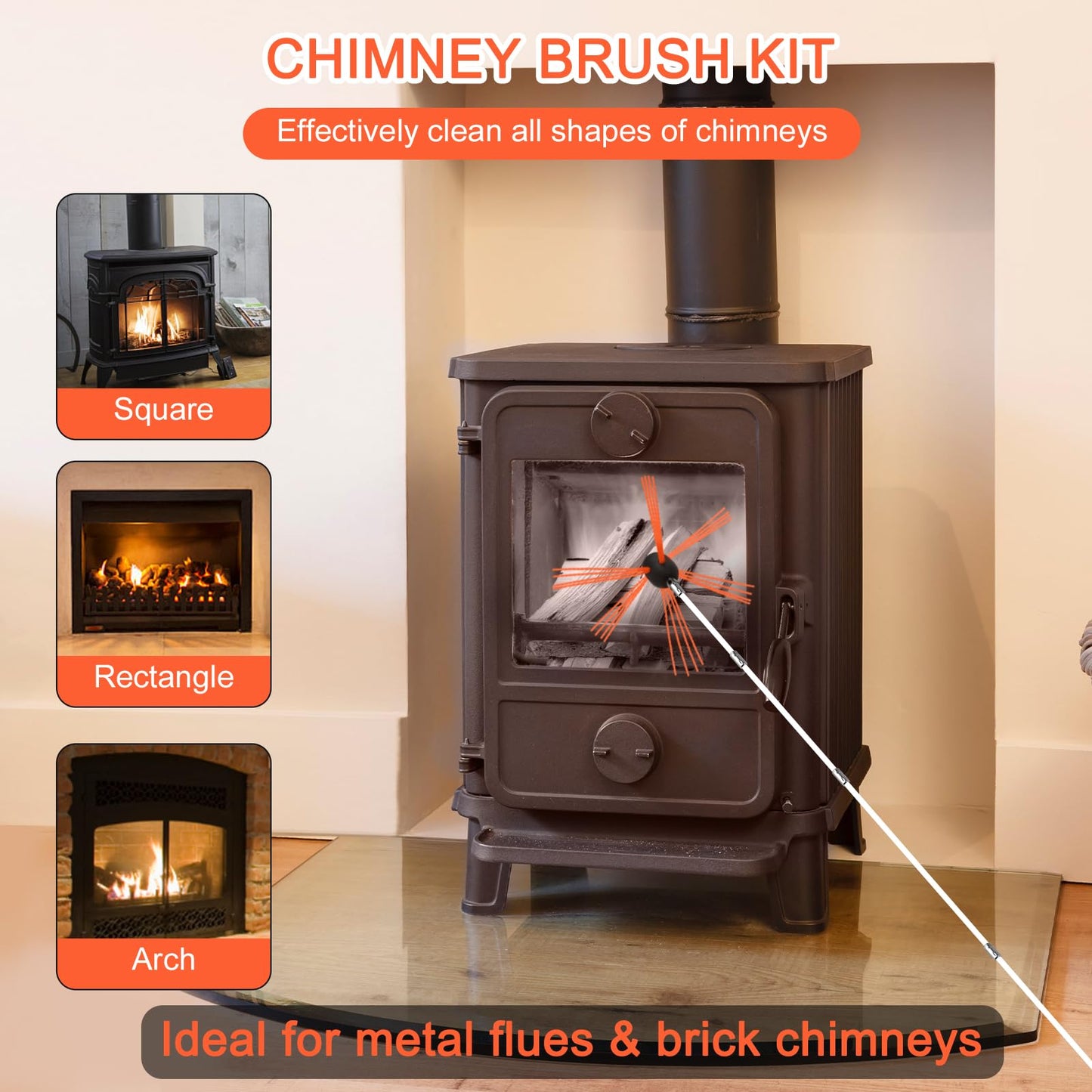 Aluminum Chimney Power Brush, Rotary Sweep Chimney Power Brush for Cleaning Replacement Kit, Chimney Brush Kit Driven by Drill for Sweeping Fireplace Orange (Orange)