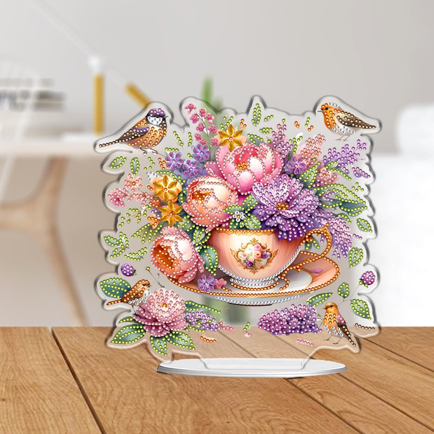 C'eitura 2D Flat Acrylic Diamond Art Painting Kit, Flower in Cup Special Shaped Diamond Art for Desk Decor, DIY Desktop Ornament for Adults & Beginners, Cute Home Office Decoration 24x22cm