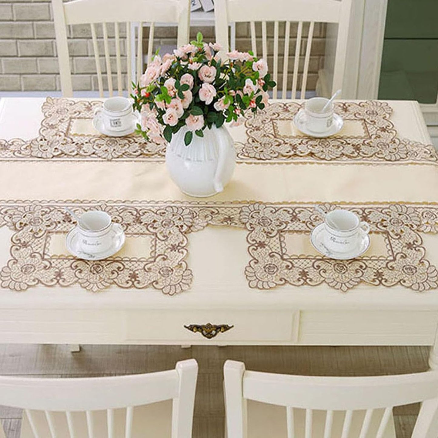 15" 69" X Vintage Flower Embroidered Table Runner, Classic Polyester Lace Cream Floral Dresser Scarves Party Dining