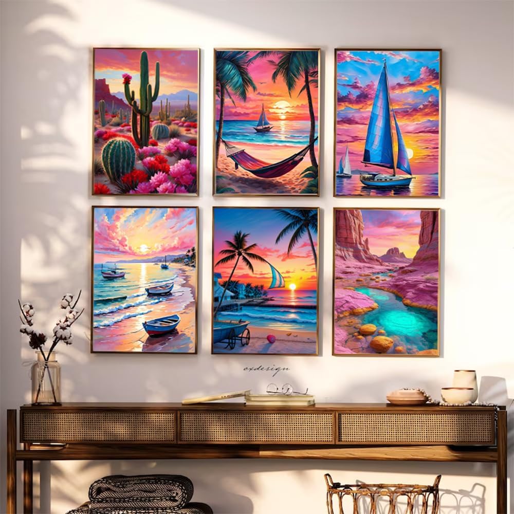 T.HENV Diamond Art Kits for Adults, 6 Packs Summer Beach Daimond Paint by Numbers Kit for Adults, 5D DIY Diamond Painting Kit, Crystal Gem Art Kits for Home Wall Deacor, Living or Bedroom, 12x16 inch