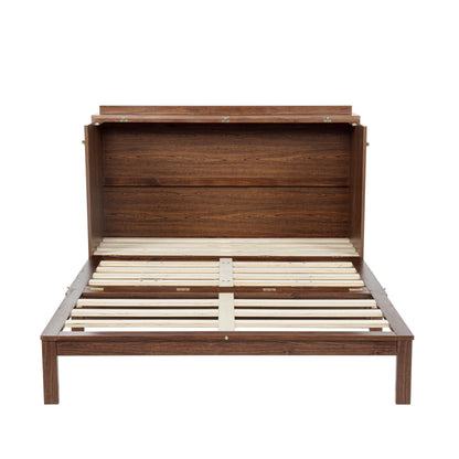 GDFStudio Queen Size Murphy Bed Cabinet with Rattan Panel, Built-in Power Station, Pine Wood Cabinet Bed with Storage Drawer, Foldable Queen Beds for Guest Rooms, Small Spaces, Living Rooms, Walnut
