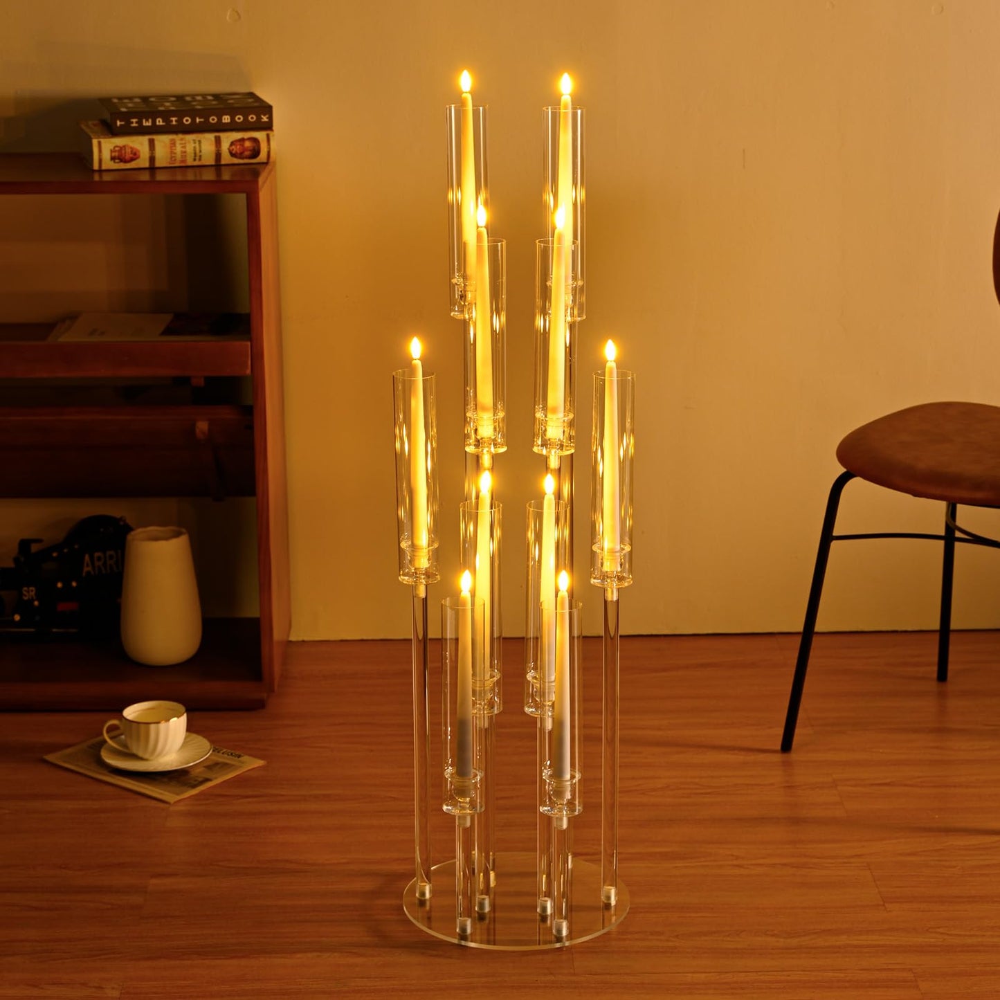 10Pcs Acrylic Candelabra Centerpiece,10 Arm Floor Candelabras for Wedding Clear Candle Centerpieces with Acrylic Shade Pillar Taper Candlestick for Tables Dinner Party
