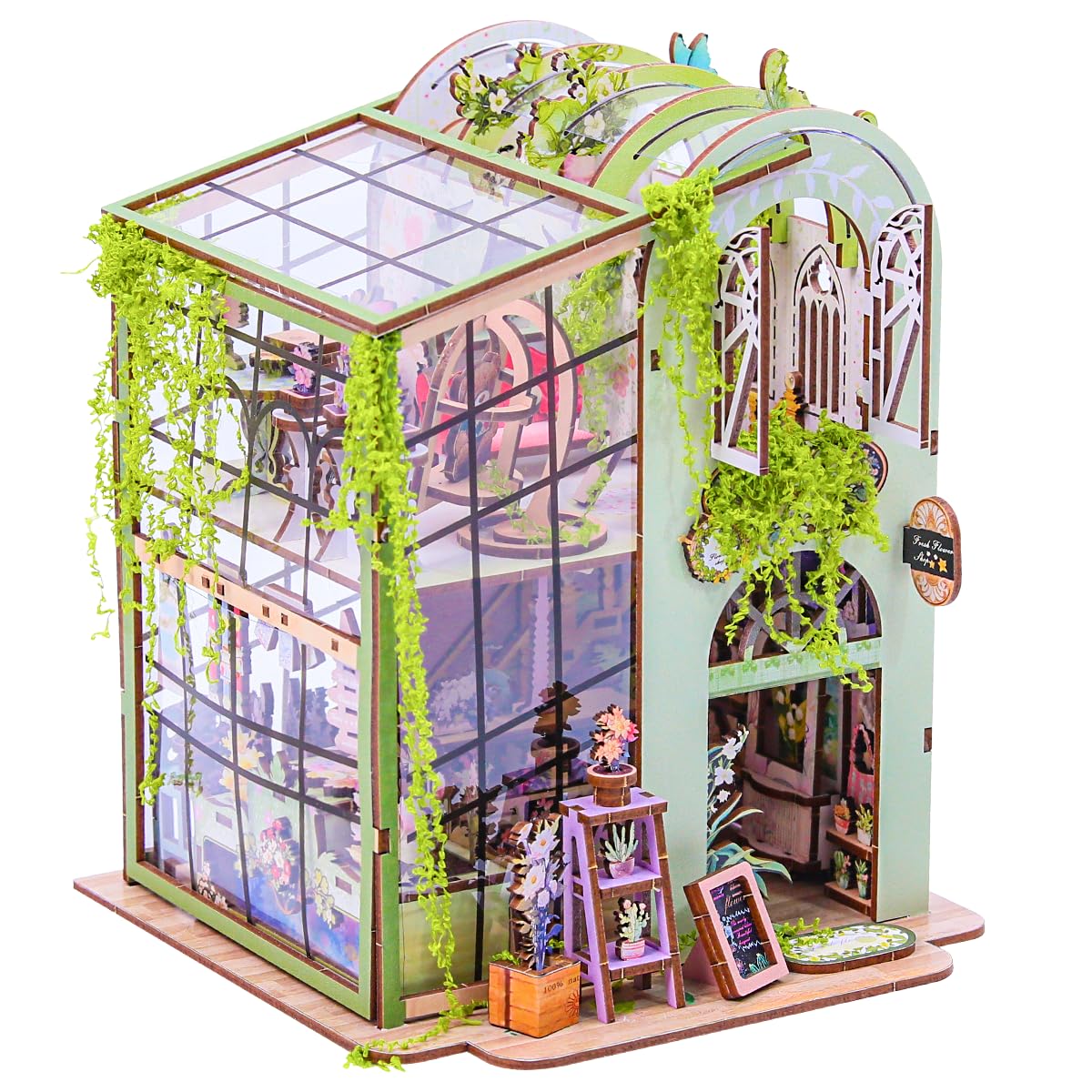 Miniature Flower House Kit, DIY Flower Dollhouse Booknook Making Set, 3D Wooden Puzzle Bookshelf Decor with Furniture for Adults & Teenagers