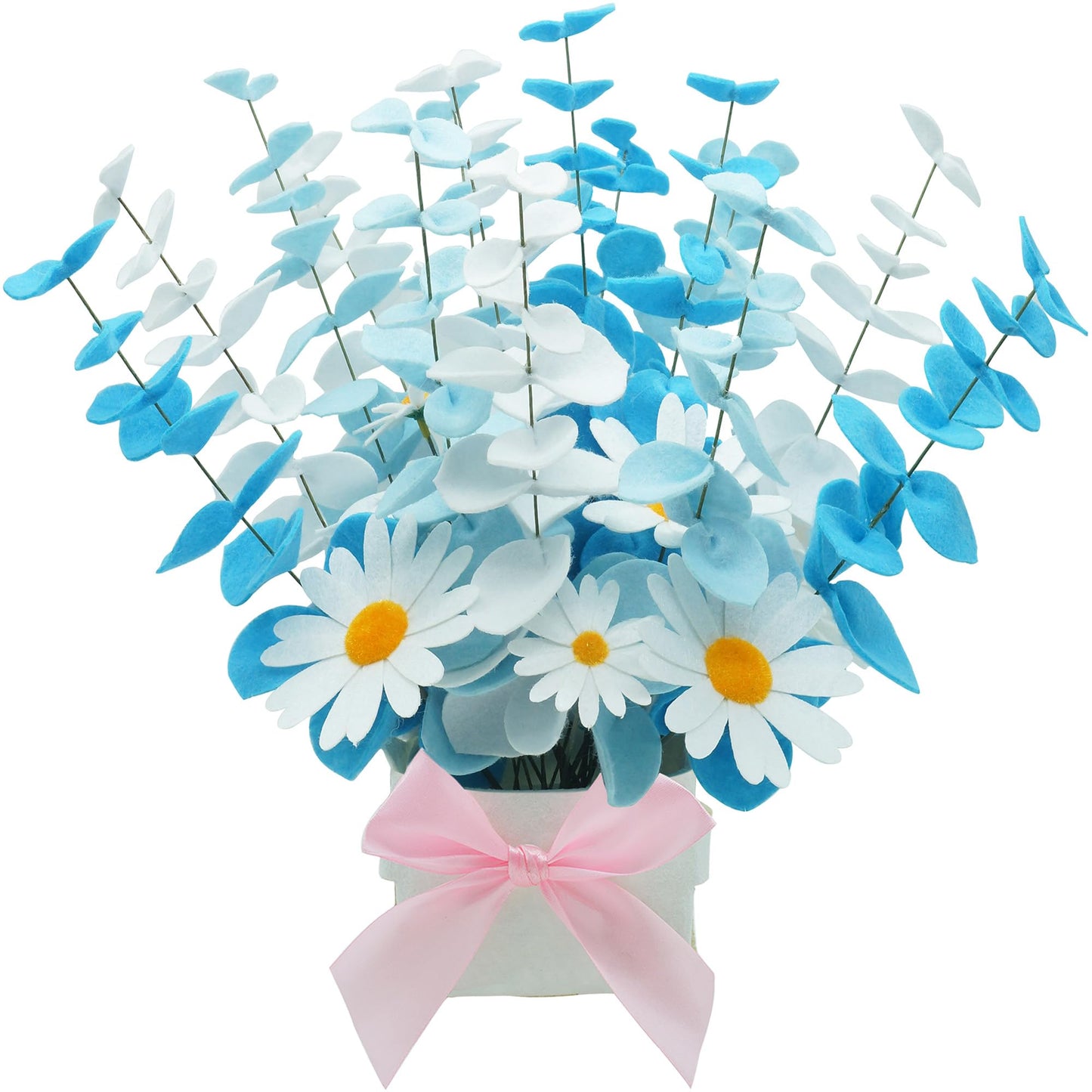 BAZIMA Felt Eucalyptus Daisy Bouquet,Felt Flowers,Multi-Color Felt Leaves,DIY Bouquet,Artificial Flower Bouquet with Flower Pot,Floral Gifts,15 Eucalyptus and 8 Daisies kit(White and Blue)