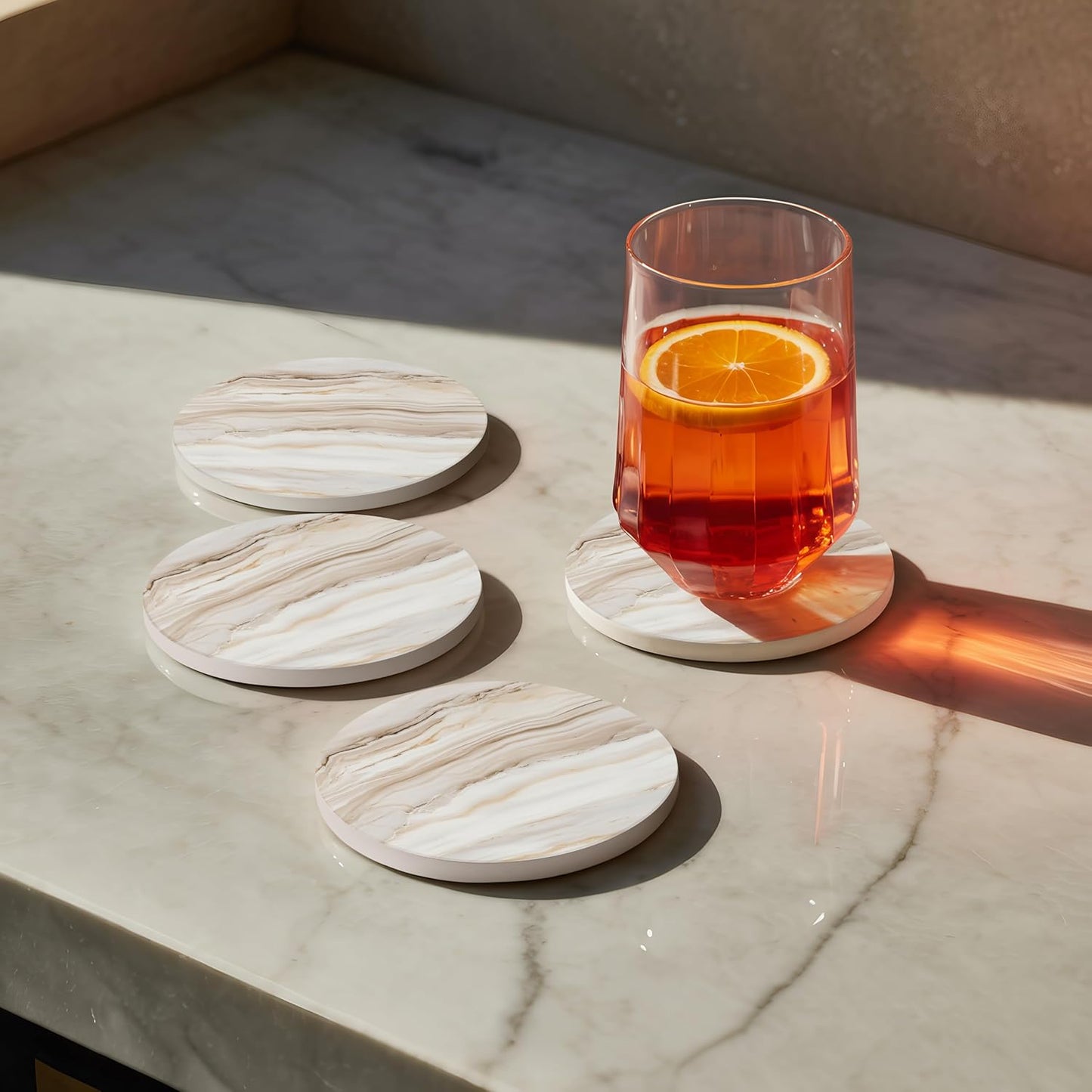 Veyro Set 6 Ceramic Coasters of Absorbent Stone Drink Coasters with Holder, Non-Slip Cork Backing, Modern Marble Look