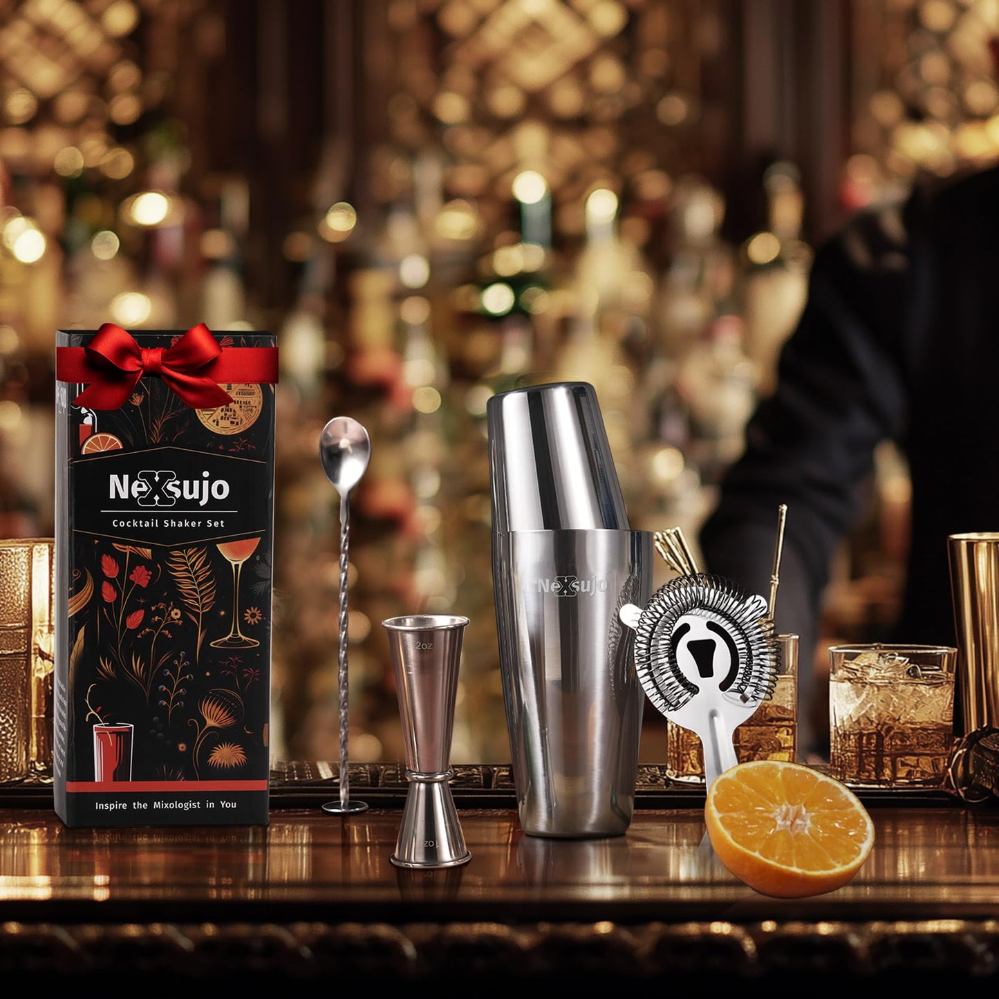 Nexsujo Boston Cocktail Shaker Set, 4-Piece Bar Tools Set, Professional Bar Set with Boston Shaker, Bar Spoon, Jigger, Hawthorne Strainer, Stainless Steel, Dishwasher Safe, Ideal Bartender Kit for Bar