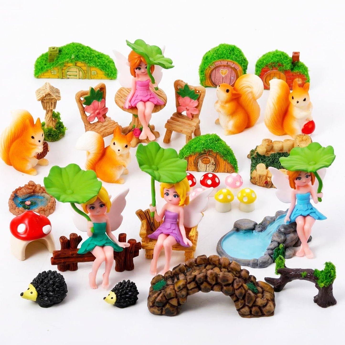 GGSTDDUP 32 PCS Mini Fairy Garden Accessories Kit Miniature Garden Ornaments Included Resin House Statues Tiny Fairies Figurines Animal Plant Set for DIY Terrarium Potted Plants Dollhouse Desk Decor