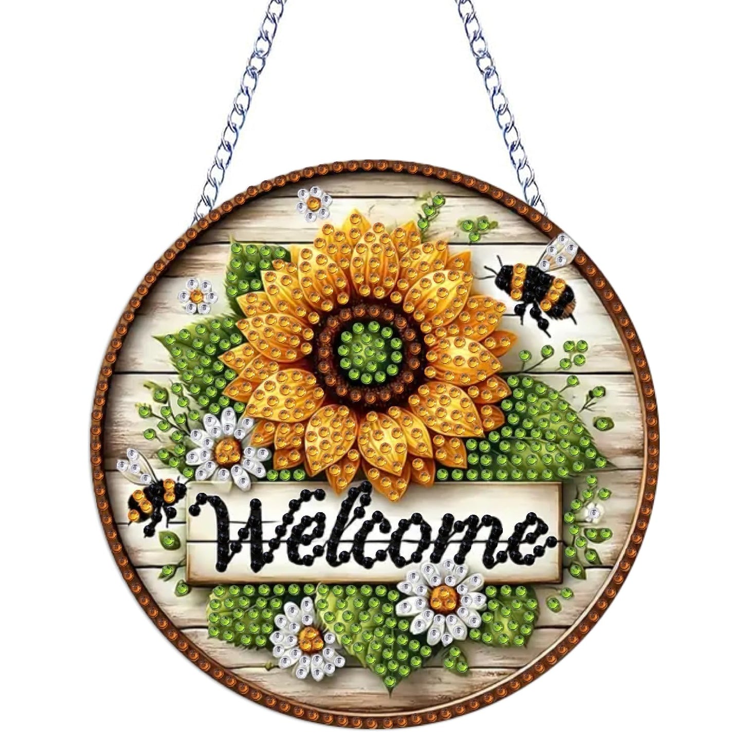 STGLCR DIY Welcome Wreath Acrylic Diamond Art Painting Kits Special Shaped Rhinestone Round Flower Bee Diamond Art Window Pendants Hanging Kits Mosaic Making Kits by Number Kits for Home Garden Wall