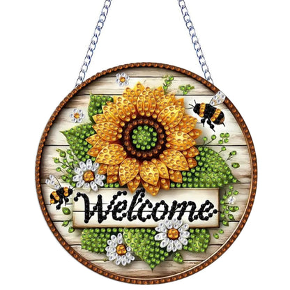 STGLCR DIY Welcome Wreath Acrylic Diamond Art Painting Kits Special Shaped Rhinestone Round Flower Bee Diamond Art Window Pendants Hanging Kits Mosaic Making Kits by Number Kits for Home Garden Wall