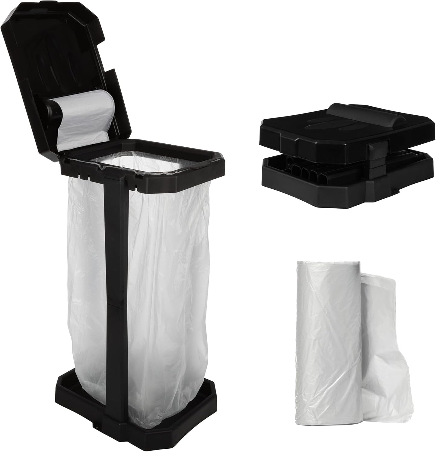 7 Wakeman Heavy Duty Black Trash Bag Portable Trash Bag Holder Stand with Bags - Collapsible Trash Can Camping, RV