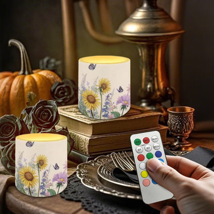 Cozeyat Sunflower Butterfly Waterproof LED Candles Set of 4 Battery Operated Flameless with Remote Timer Dancing Flame Pillar Candles for Indoor Outdoor Use
