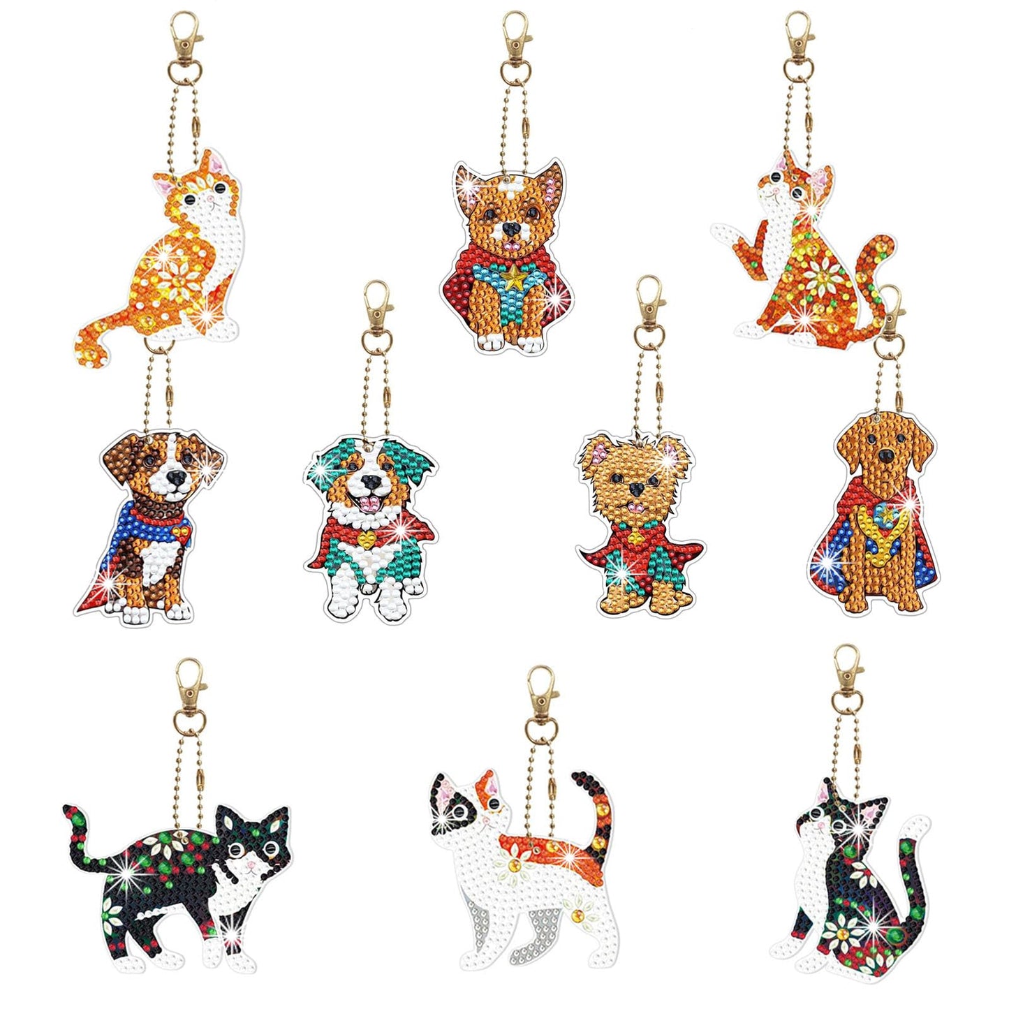 GOMKLNMO 10 Pieces Cute Dog and Cat Diamond Painting Keychain 5D DIY Diamond Painting Art Kits Christmas Hanging Ornaments for Adults Beginners