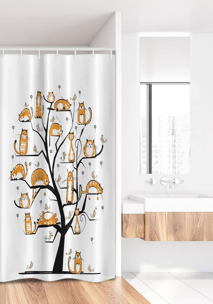 Ambesonne Cat Lover Stall Shower Curtain - Pet Family Tree Birds Crowd Fluffy Nature Art, 36" W x 72" L