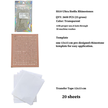 Genio Cristal SS10 Transparent Ultra Hotfix Rhinestones with Blank Rhinestone Sheet & Transfer Tape – 3600pcs – Machine Washable DIY Heat Press Kit