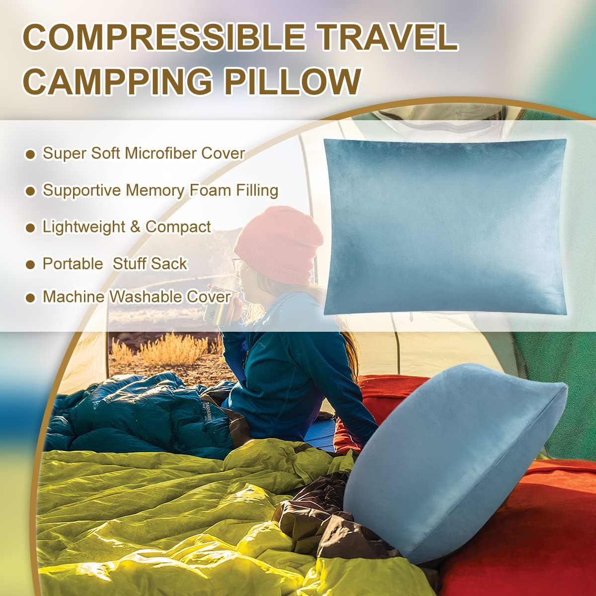 Ivellow Compressible Memory Foam Travel Pillow - Shredded Firm Supportive Camping Pillow for Adults Kids, Blue-M