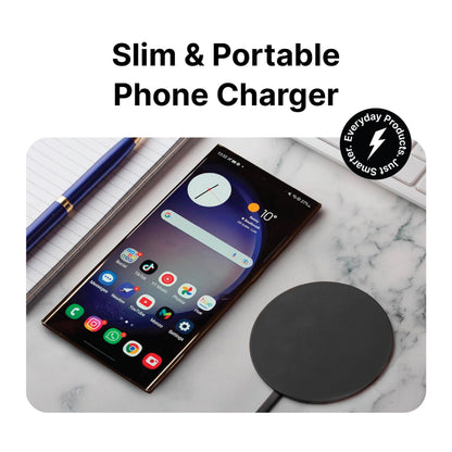 IJS Ultra Slim Universal Fast Wireless Charger - Phone Charger Compatible with All Qi Enabled Phones - Smart Round Fast Charging Pad for Multiple Devices (Black)