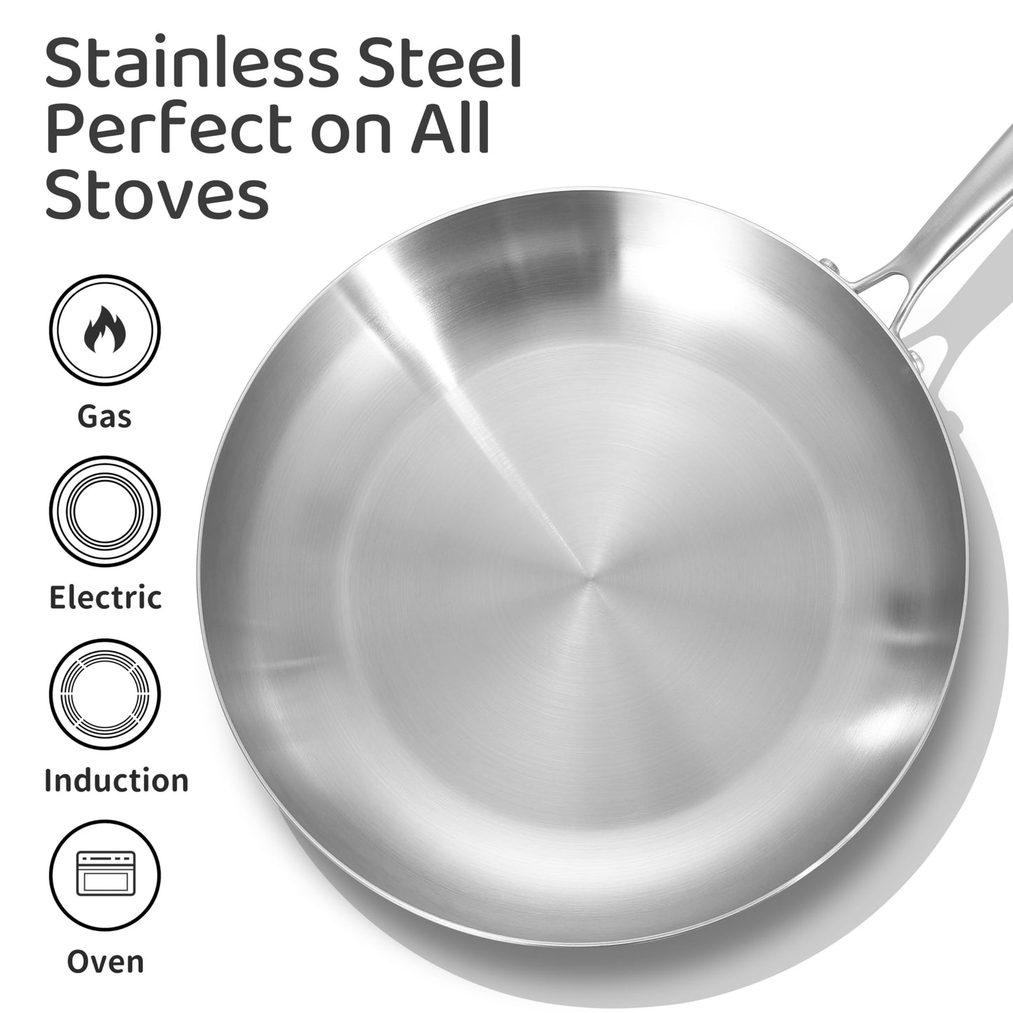 LOLYKITCH 12 Inch Tri-Ply Stainless Steel Frying Pan,Skillet,Induction Cooking Pan,Dishwasher and Oven Safe,Heavy Duty and Detachable Handle.