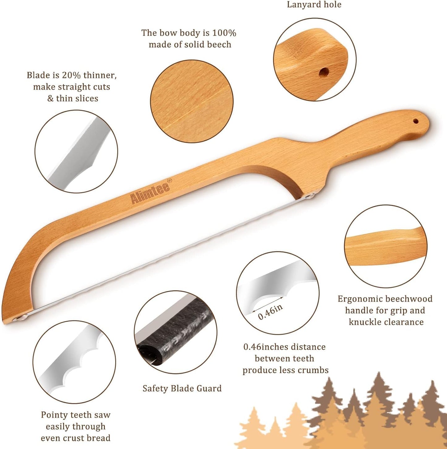 16" Wooden Serrated Bread Knife for Homemade Bread, Fiddle Bow Design Sourdough Cutter, Premium Stainless Steel Gift
