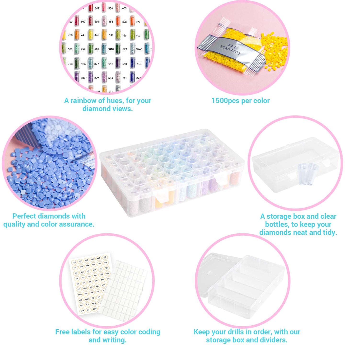 Resin Square Diamond Beads 90000pcs With Storage Containers for Painting Kits, 60 Colors Drills and Art Tools - Diamond Painting Accessories